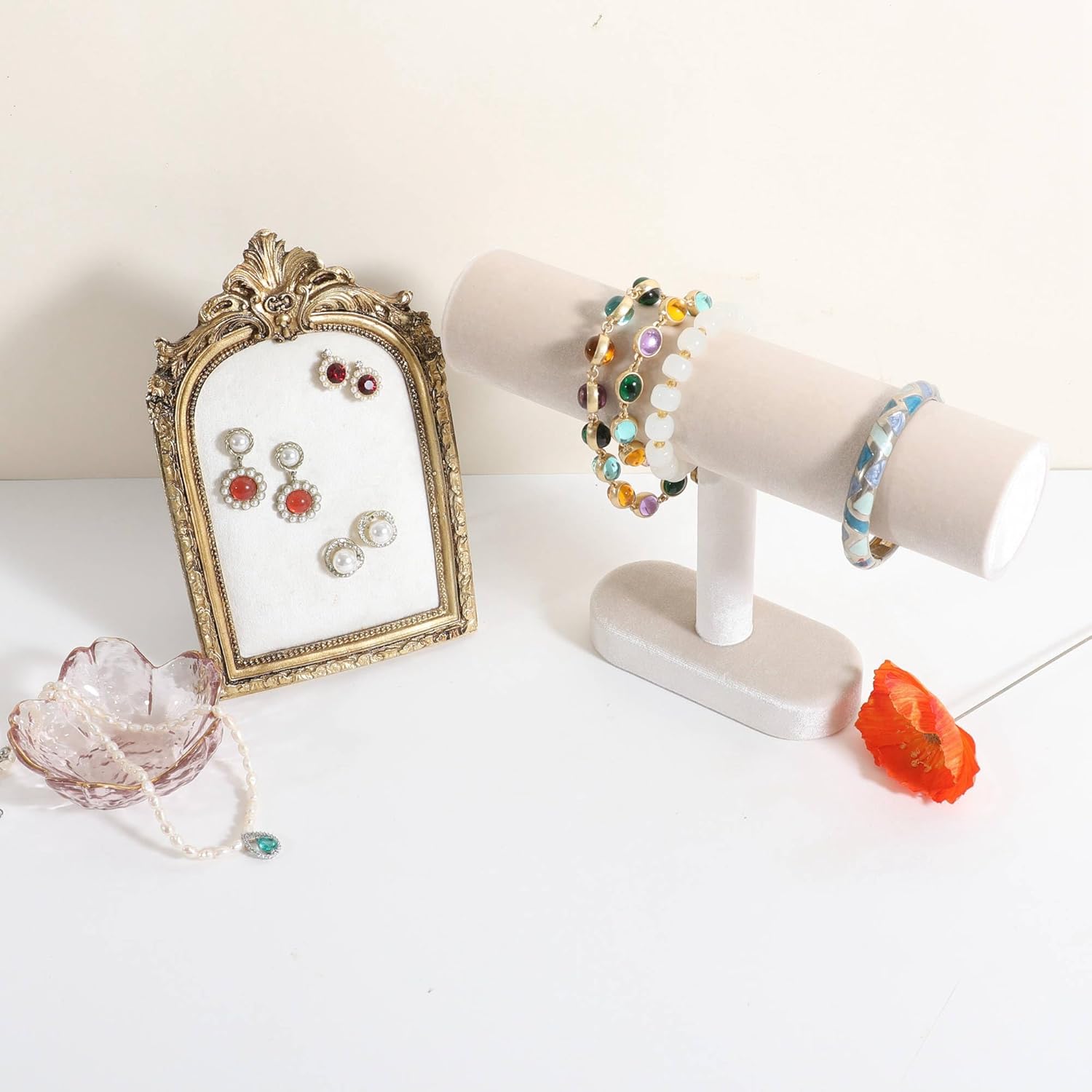 Bracelet T Bar Display for Selling, Wahtch Stand Jewelry Display, Velvet Bangle Holder Organizer【Beige】