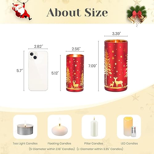 Miniatura 6 de Hewory Portavelas de huracán de Navidad juego de 2 velas de Navidad de reno dorado rojo, portavelas de vidrio para centro de mesa, mantel de