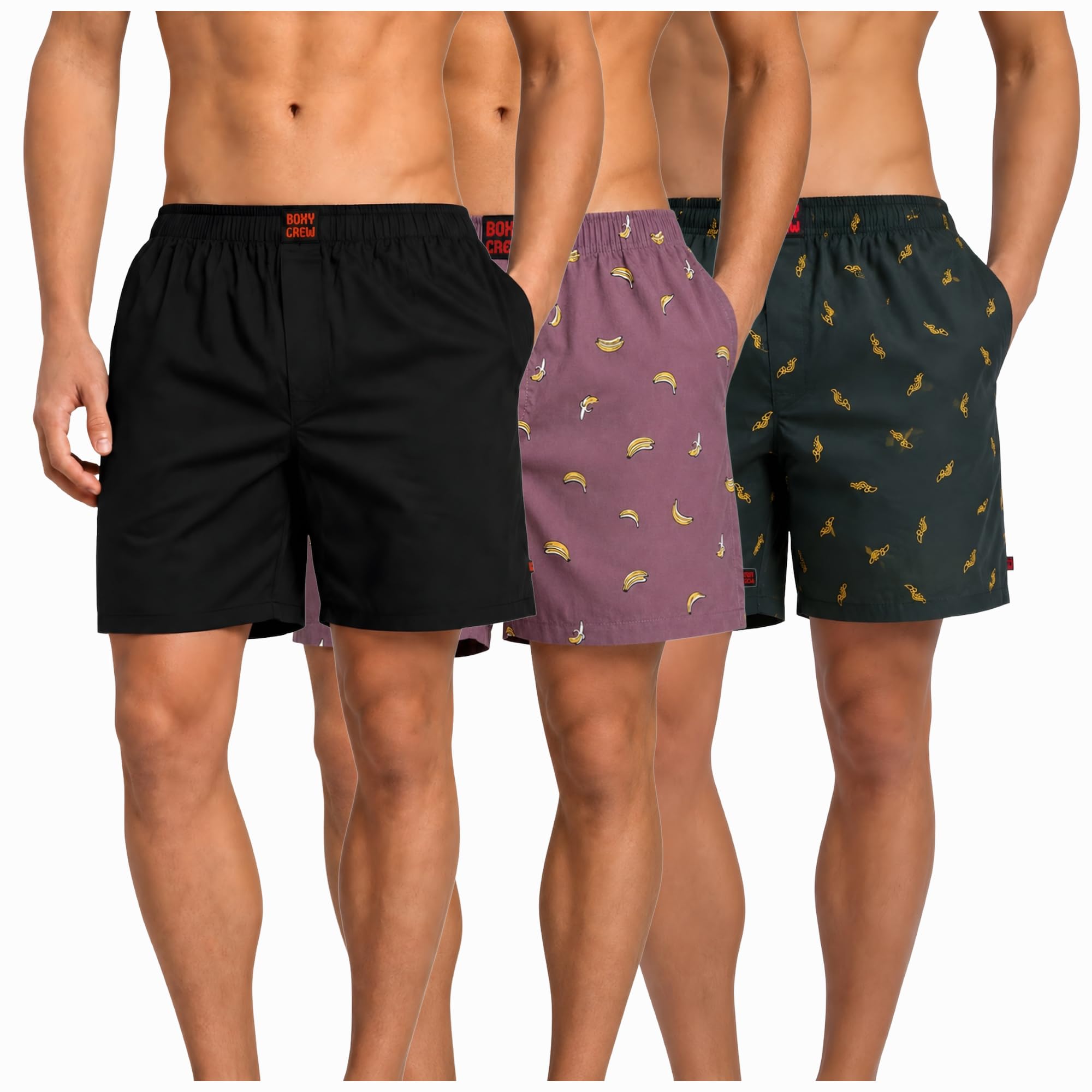 Men's 100% Cotton Boxer Shorts Pack of 3, Black, Rose Pink & Dark Teal | Woven Boxers with Side Pockets, No-Marks Elastic Waistband, Breathable Relaxed Fit | Style 001-006-010-image-49