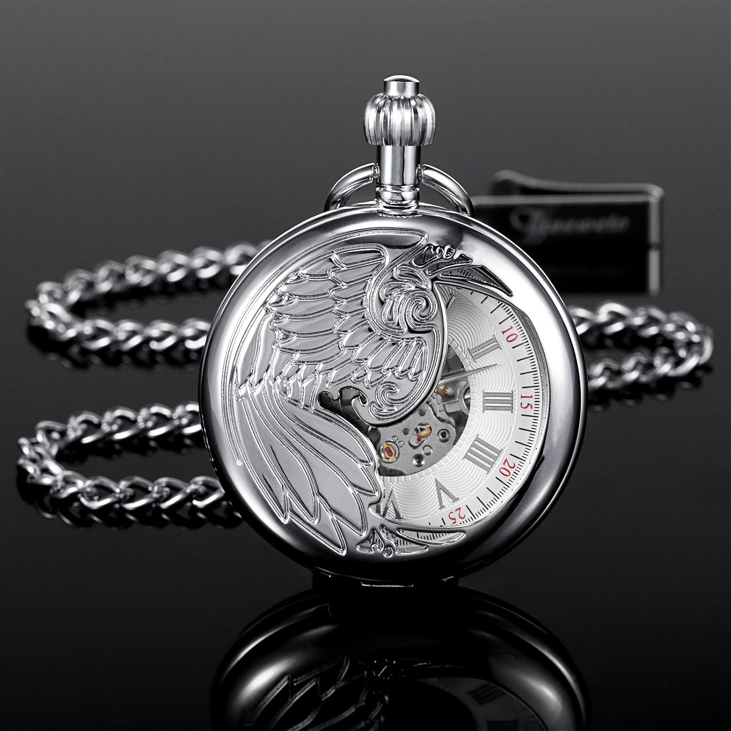 TREEWETO Men's Pocket Watch with Chain, Retro Eagle Analog Steampunk Skeleton Watch, Mechanical Pocket Watches with Roman Numerals for Men