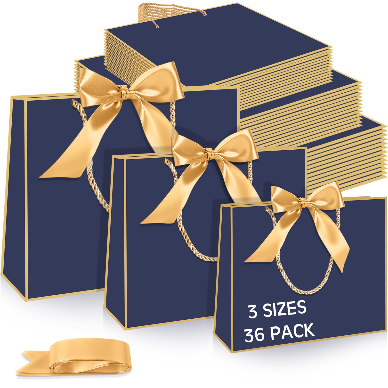 Tosstuki 36 Pack Thank You Gift Bags with Handle 3 Sizes Welcome Bags Thank You Return Gifts with Bow Ribbon for Birthday Party Wedding Bridesmaid(Navy Blue,Gold)