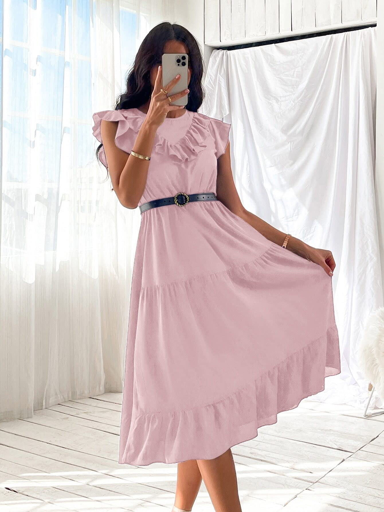 open lace back dress Light Pink V-Neck Organza Fairy Dress with Black Belt, Pink / L