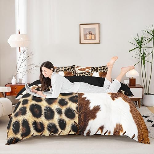 Miniatura 3 de Feelyou Juego de funda de edredón de piel de vaca, juego de ropa de cama con estampado de leopardo para niños y niñas, decoración de piel de animal