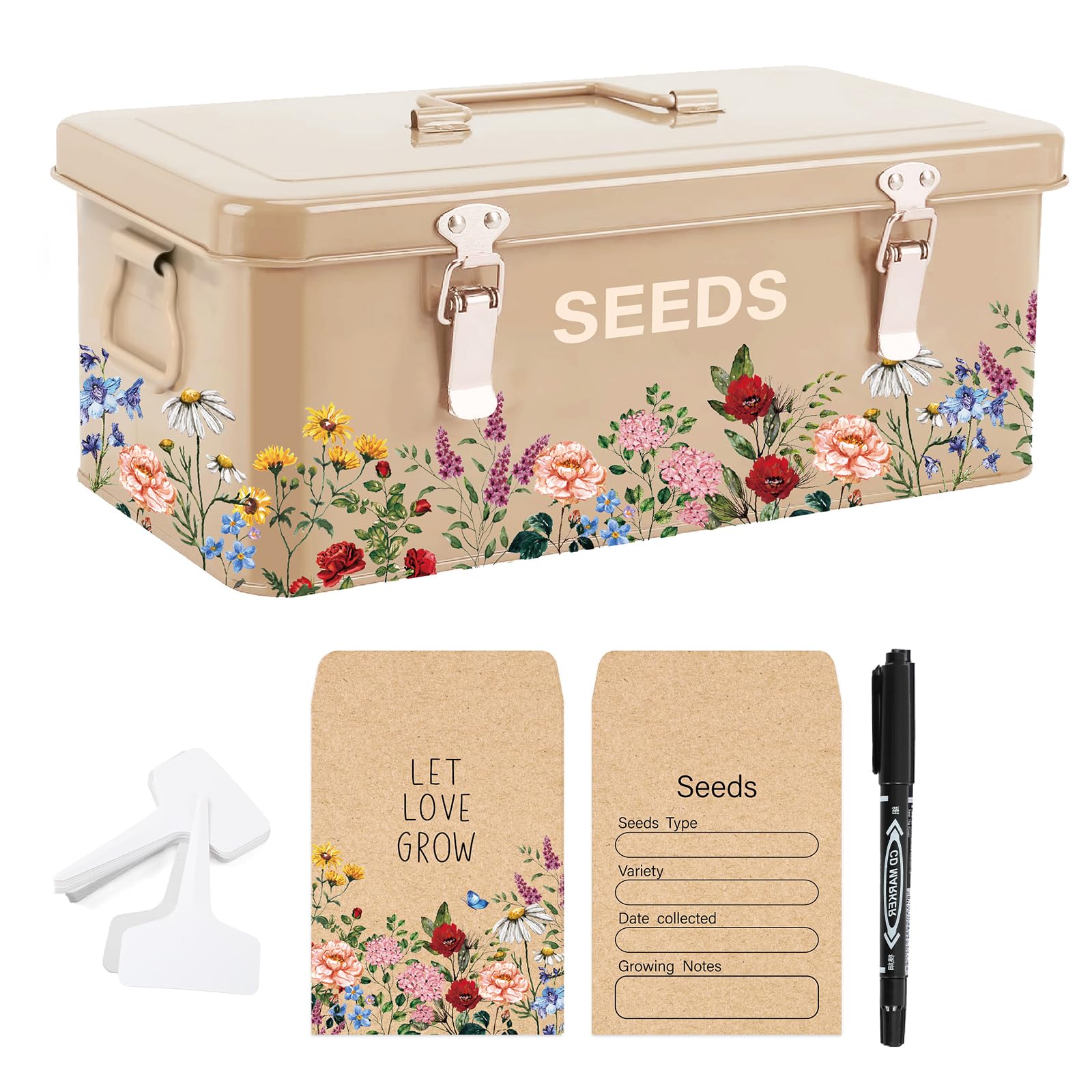 JarThenaAMCS Wildblumensamen-Aufbewahrungsdose, Vintage-Blumensamen-Paket, Organizer mit 50 Samenkraft-Umschlägen, 50 leere Pflanzenetikettenpfähle, 1 Markerstift für Zuhause, Garten, Samensparung