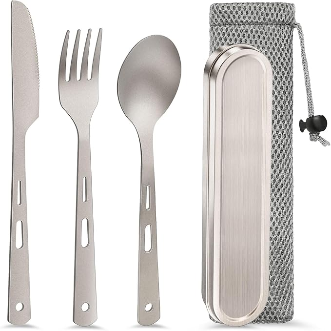 Pure Titanium Travel Utensils with Case, Ultra-Light Ti Portable Champing