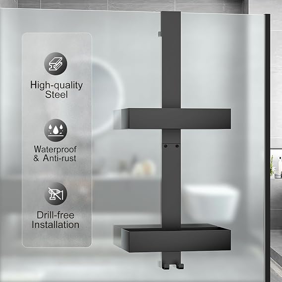 Shower Caddy Hanging - 2-Tier Over Door Shower Shelf, Bathroom Storage No Drilling Hanging Shower Organiser Black