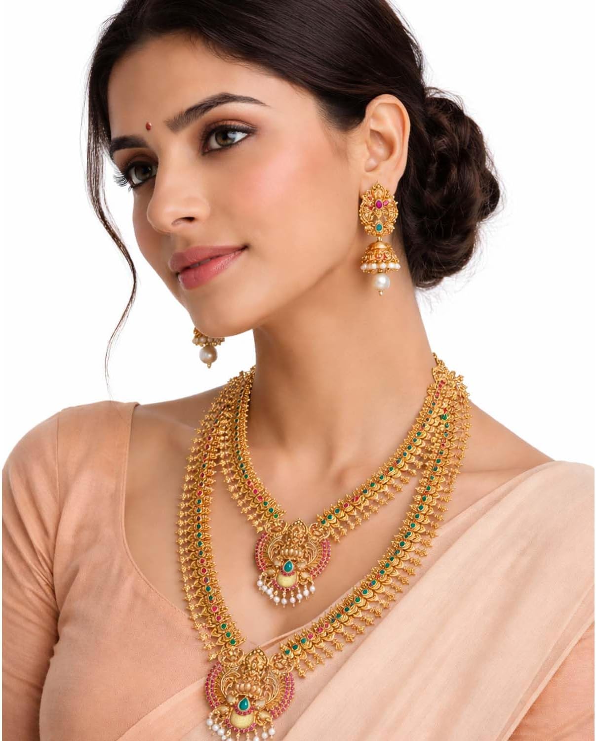Shining Jewel - By Shivansh Bodha Traditional Indian Antique Gold Plated Temple Jewelry Bridal Combo Set with Long Mala, Short Necklace, Pearls & Jhumka Earrings for Women (SJ_2944)
