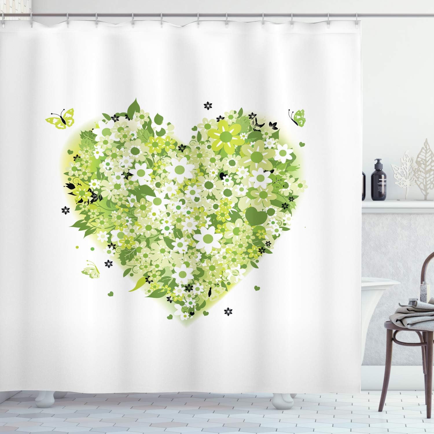 Ambesonne Green Flower Shower Curtain, Floral Heart Design Summer Elements Love Valentines Day Inspired, Cloth Fabric Bathroom Decor Set with Hooks, 69" W x 70" L, Pale Green White Black