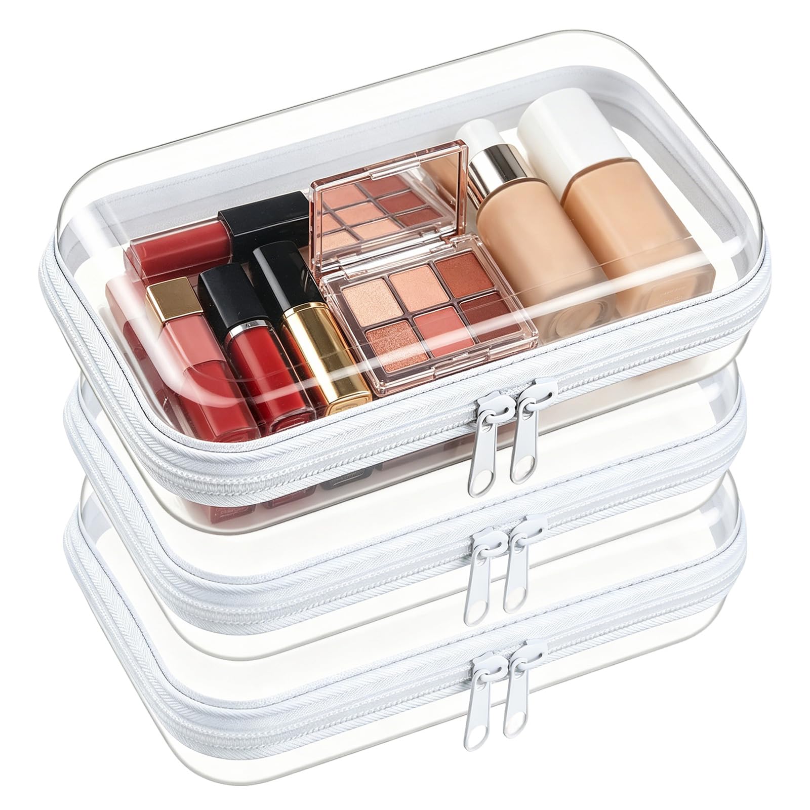 3 PCS Clear Hard Shell Zipper Cases, Double Zippered Hard Case Clear Travel Pouches for Building Blocks Puzzles Toys Makeup Tools Storage