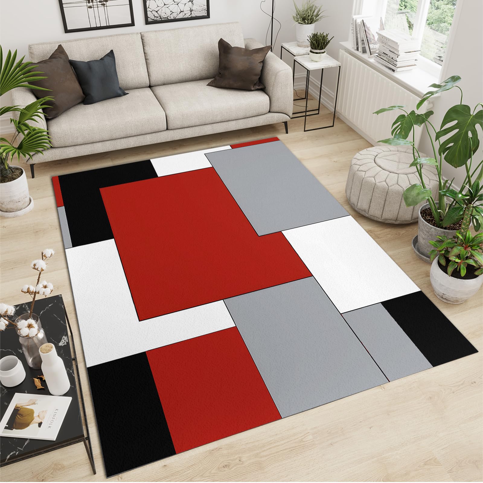 Amazon.com: 2x3 Modern Geometric Rug, Red Black White Gray Square