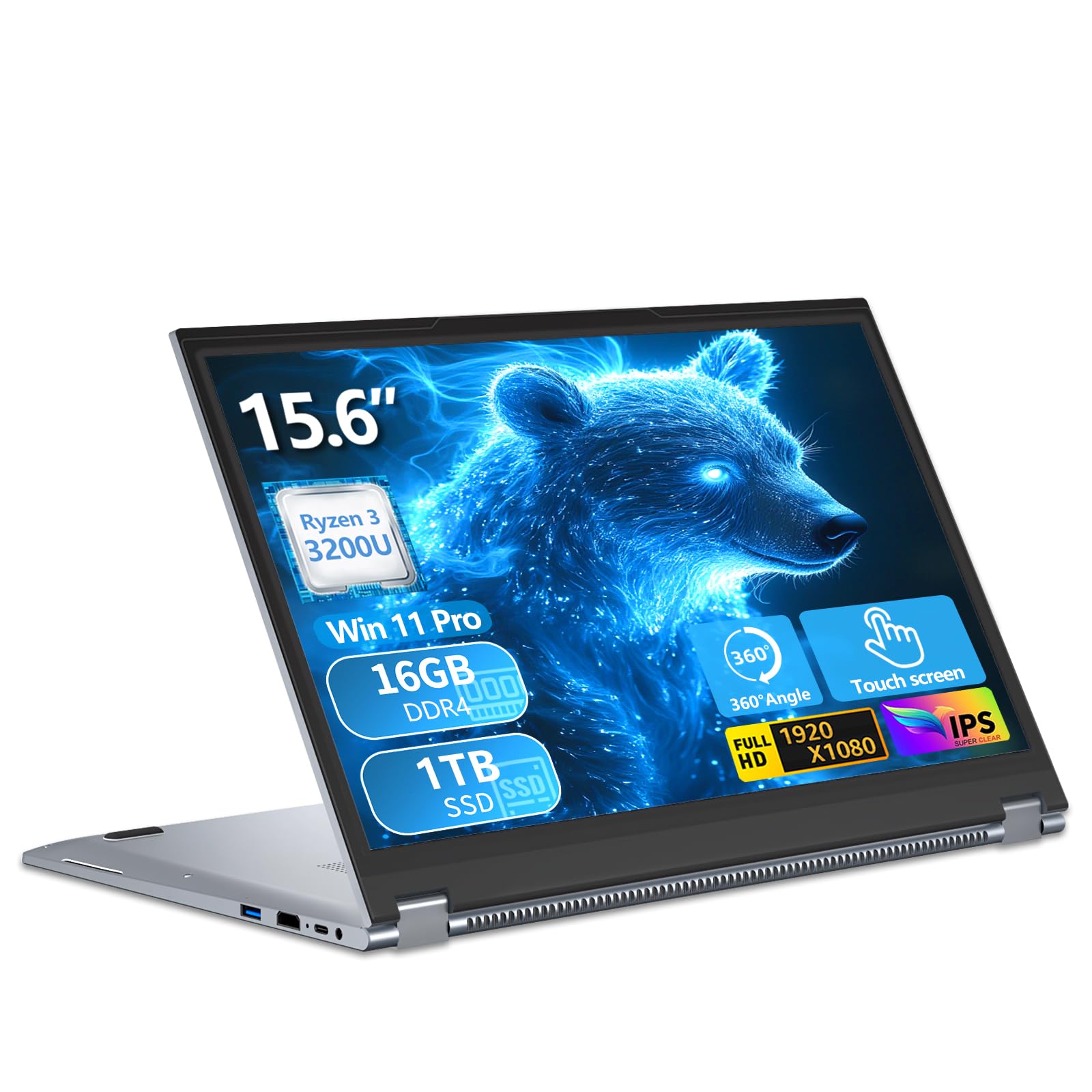 PC Portatile 2 in 1 Touchscreen 15,6 Pollici Ryzen R3-3200U (fino a 3,5 GHz), Win 11 Notebook 16GB DDR4 RAM 1TB SSD 360° Rotation Touchscreen FHD IPS, Laptop Tastiera Retroilluminata RJ45 WIFI5 HDMI