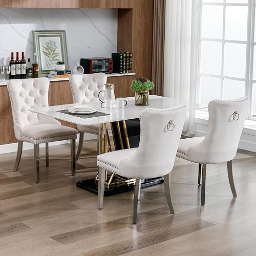 Miniatura 2 de Juego de 6 sillas de comedor modernas de mediados de siglo, tapizadas en terciopelo beige con respaldo acolchado, sillas de cocina y comedor, patas