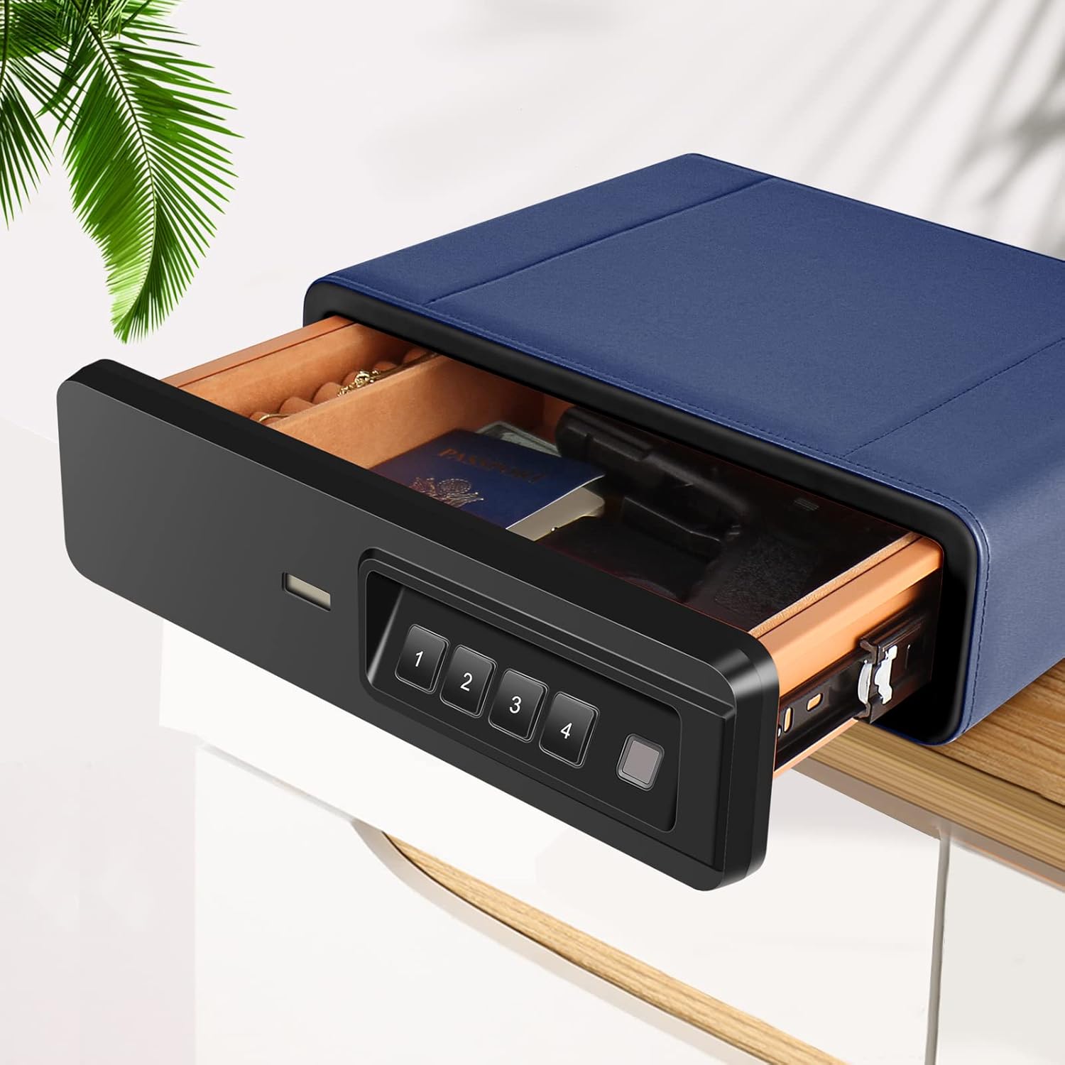 Biometric Fingerprint safe, Slide-Away Handgun Safe for Pistols, Leather Wrapped Jewelry Storage Safe, Drawer Lock for Home and Vehicle- Blue