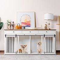 Vista 2 de Scurrty Mueble de jaula para perros de 72 pulgadas, muebles de madera para perreras con 3 cajones, soporte de TV para interiores con puertas dobles