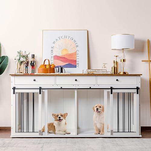 Miniatura 2 de Scurrty Mueble de jaula para perros de 72 pulgadas, muebles de madera para perreras con 3 cajones, soporte de TV para interiores con puertas dobles