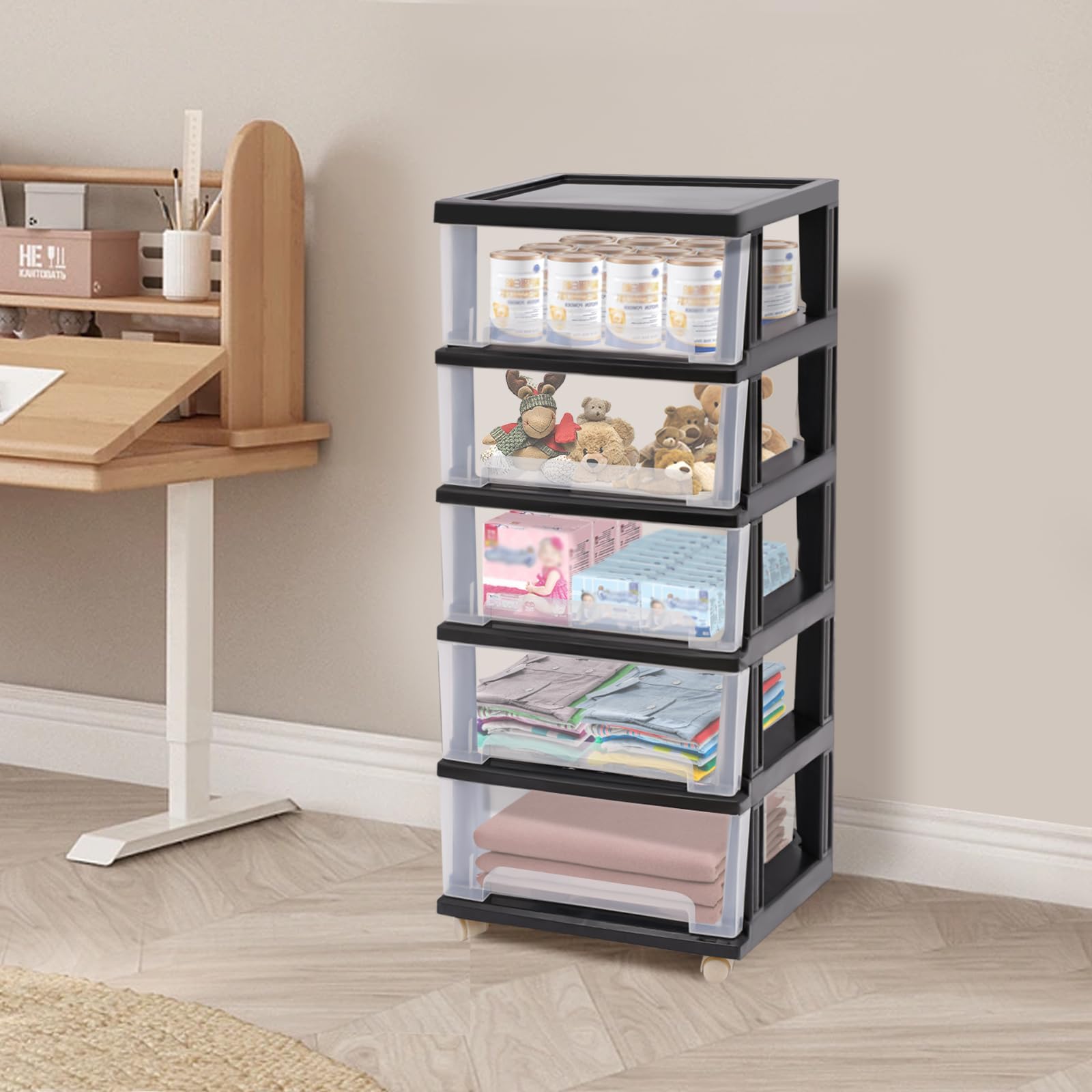 5 cassetti organizer per camera da letto, cassettiera con maniglia, per gioielli, cosmetici, cassetti, ufficio, 40 x 33 x 98 cm, colore nero