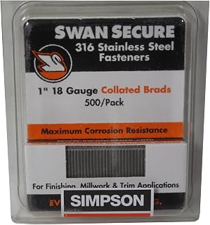 Simpson Strong-Tie T18N100FNB Straight, Adhesive Collation, T-Style Head, 18-Gauge Brads — 1 in. Type 316 (500-Qty)