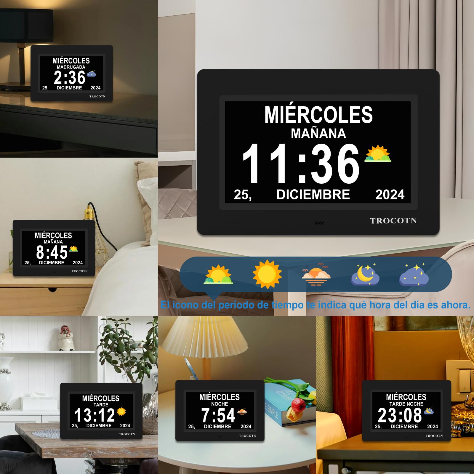 TROCOTN Reloj de demencia senioren, calendario digital, reloj senior, reloj con fecha y día de la semana (7 pulgadas negro)