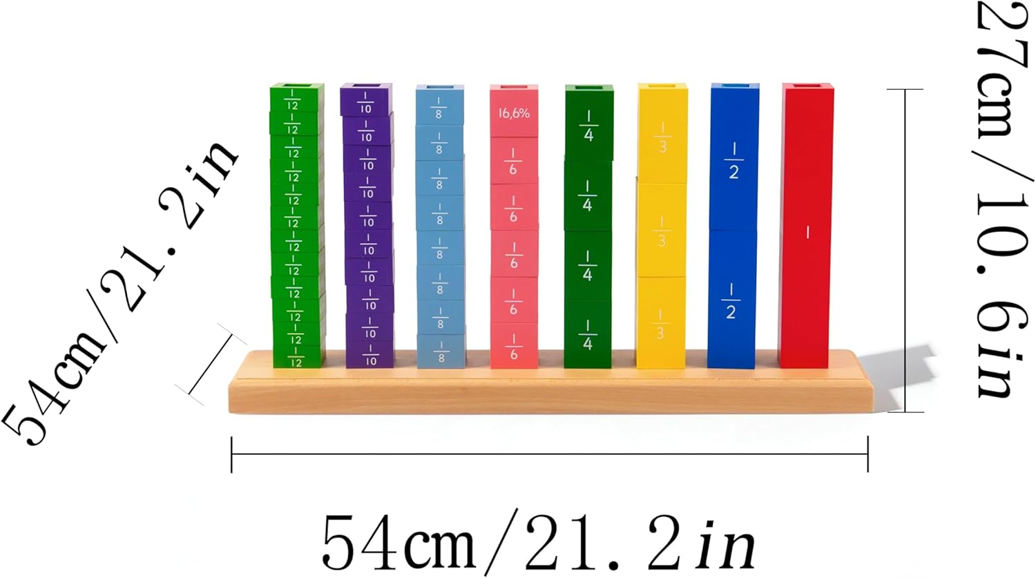 Premium Large Montessori Fractions Skittles Fraction Tower Cubes – 21.3" Solid Beechwood Fraction Manipulatives, 8 Color-Coded Towers with Fractions Decimals Percents & Circle Graphics, Ages 6-12