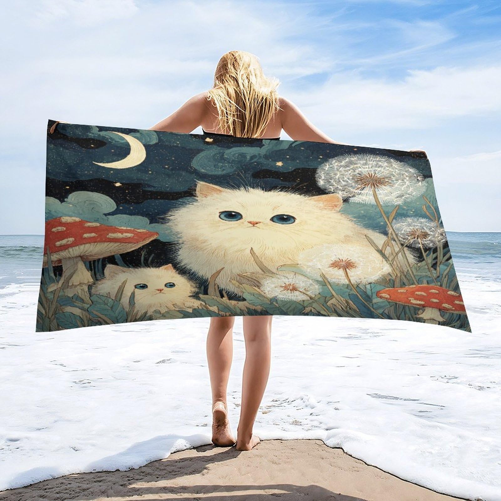 Luyysky Vintage Fantasy Cute Cat Quick-Drying Beach Towel, Classic Realistic Starry Sky Galaxy Dandelion Mushroom Animals Kitten Travel Vacation Single Sided Pile Bathroom Towels-80 W Cm X 160" L Cm
