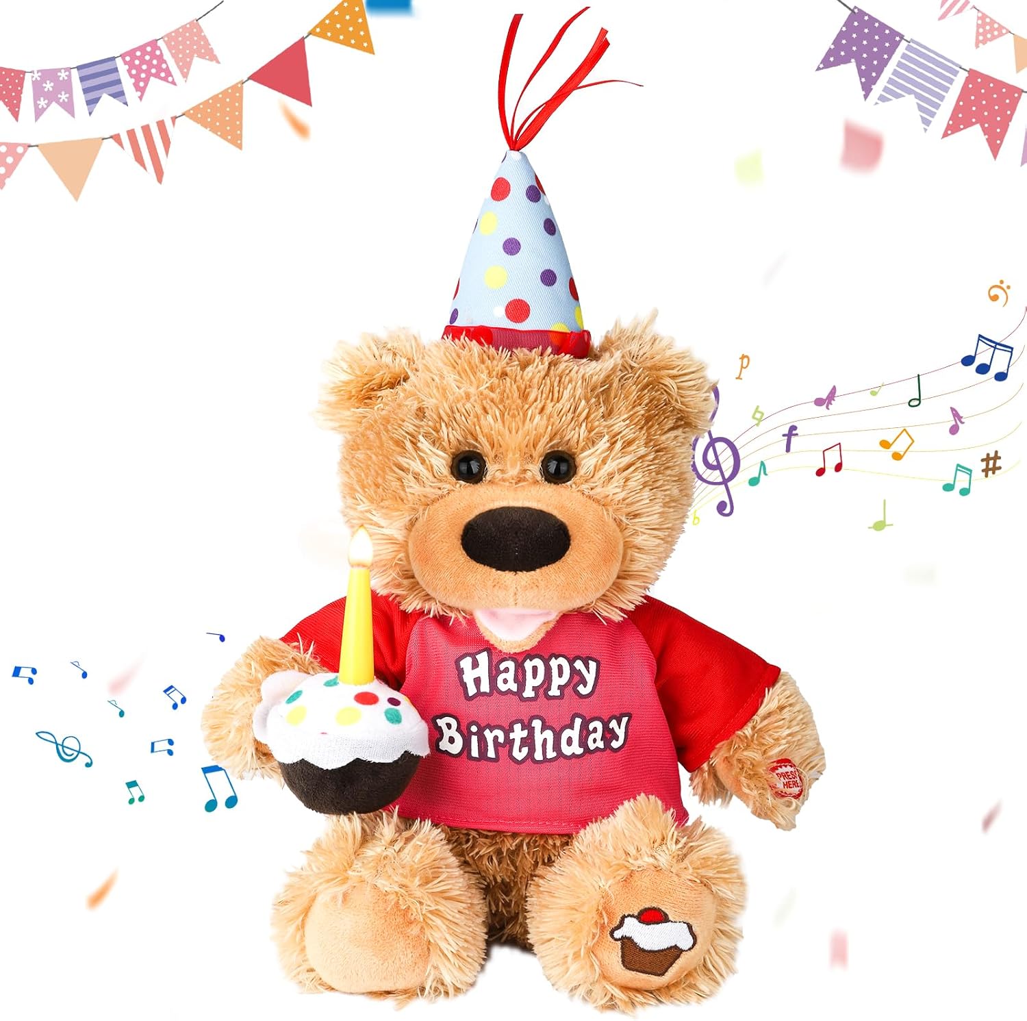 Dancing Singing Happy Birthday Interactive Teddy Bear Stuffed Animal W/Cupcake,Singing Stuffed Animals Musical Animated Plush Toy W/Glow Candle, Teddy Bear Birthday Gift for Kids Adults,12"