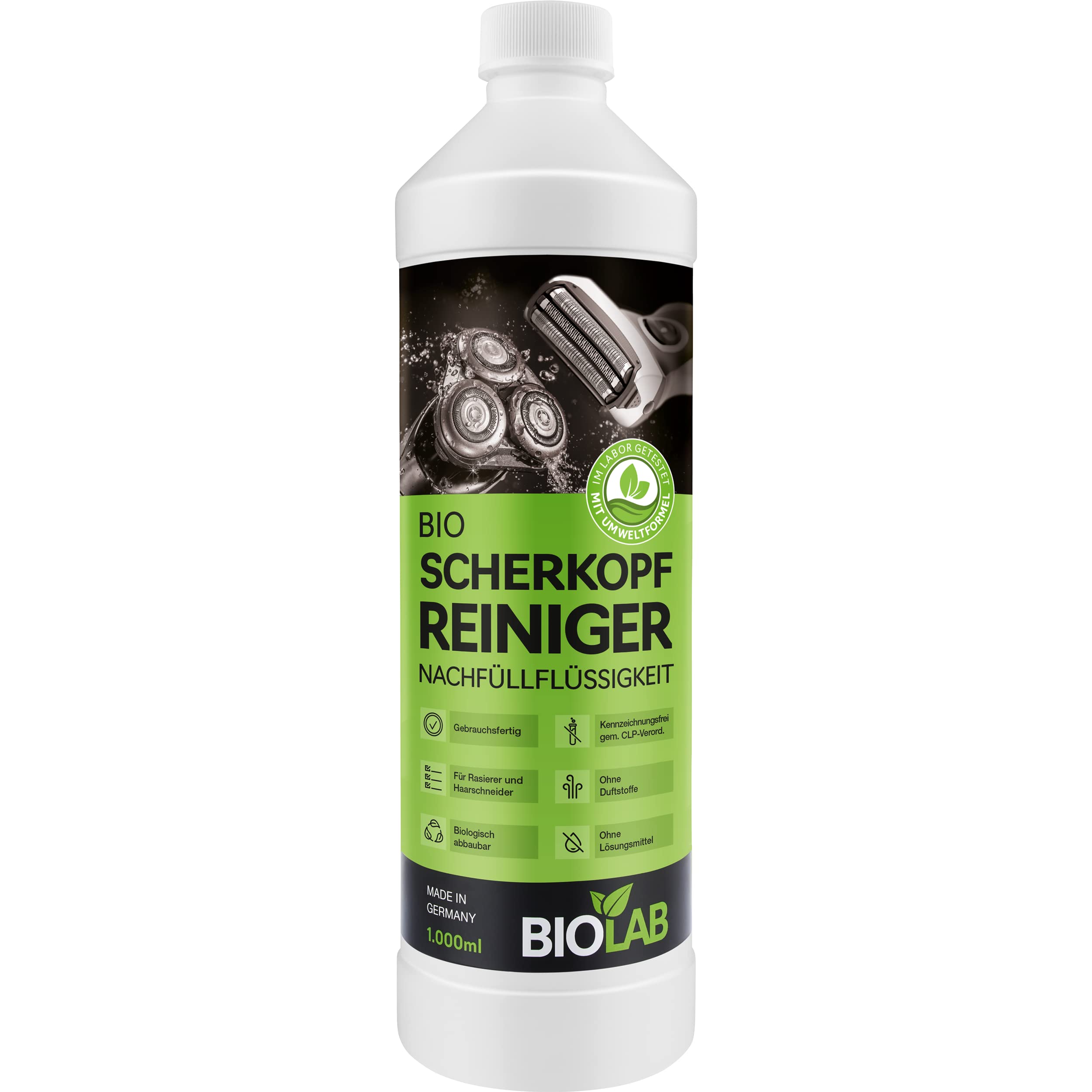 BIOLAB Limpiador de cabezales de afeitado Bio (1000 ml) líquido de recambio para Clean & Renew, apto para Braun Series, Philips cabezal de afeitado y estación de limpieza de afeitadora