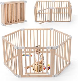 Foldable Wooden Playpen, Large Baby Play Yard with Locking Gate for Babies and Toddler 1-3 Year, Portable Playpen for Activity Center Indoor Outdoor(Wood, 6 Panel)