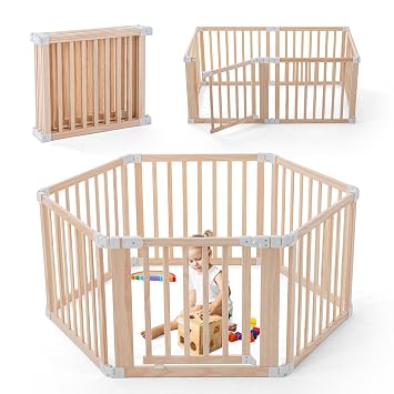 Foldable Wooden Playpen, Large Baby Play Yard with Locking Gate for Babies and Toddler 1-3 Year, Portable Playpen for Activity Center Indoor OutdoorWood, 6 Panel