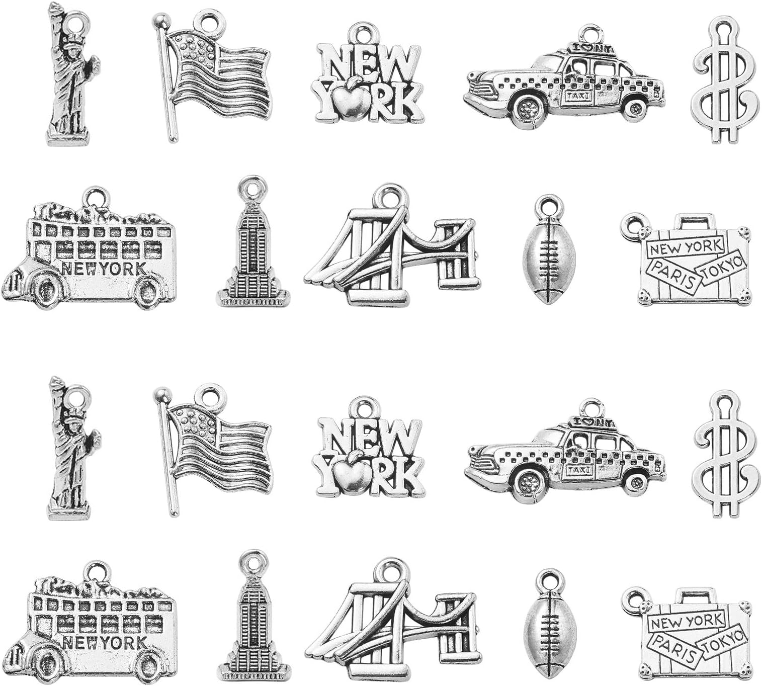 DanLingJewelry 100Pcs 10 Styles America New York Theme Travel Charms Tibetan Statue of Liberty Flag Suitcase Charms for Jewelry DIY Making
