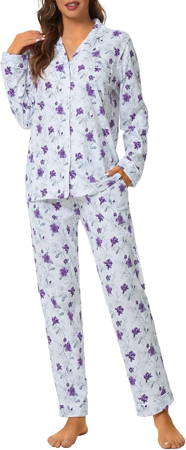 tugege pajamas set long sleeve sleepwear womens button down nightwear pj sets wh-purple floral x-large