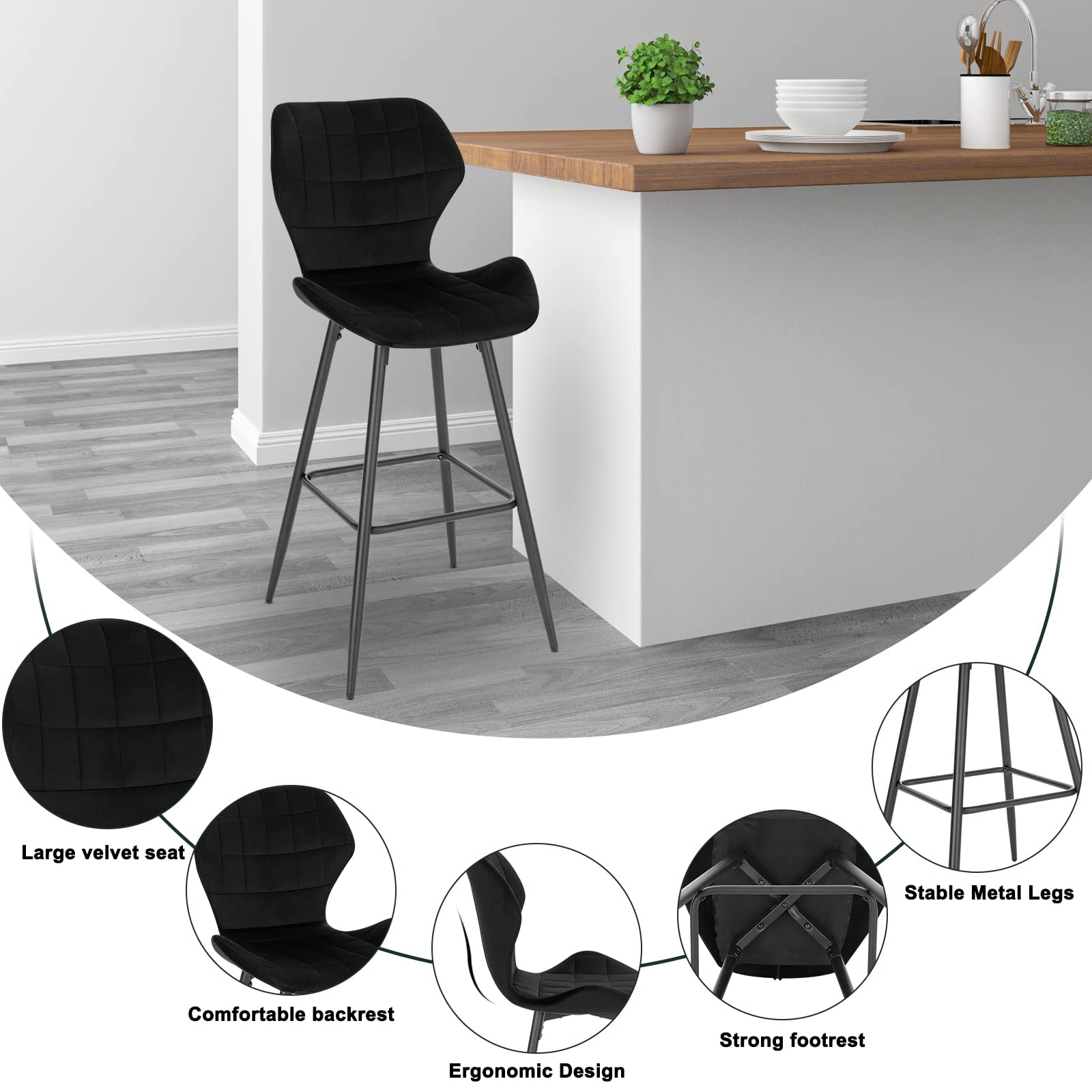 Tabouret De Bar EUGAD Avec Dossier - Velours Rembourré - Repose-Pieds - Hauteur 98cm - Noir - Design Moderne