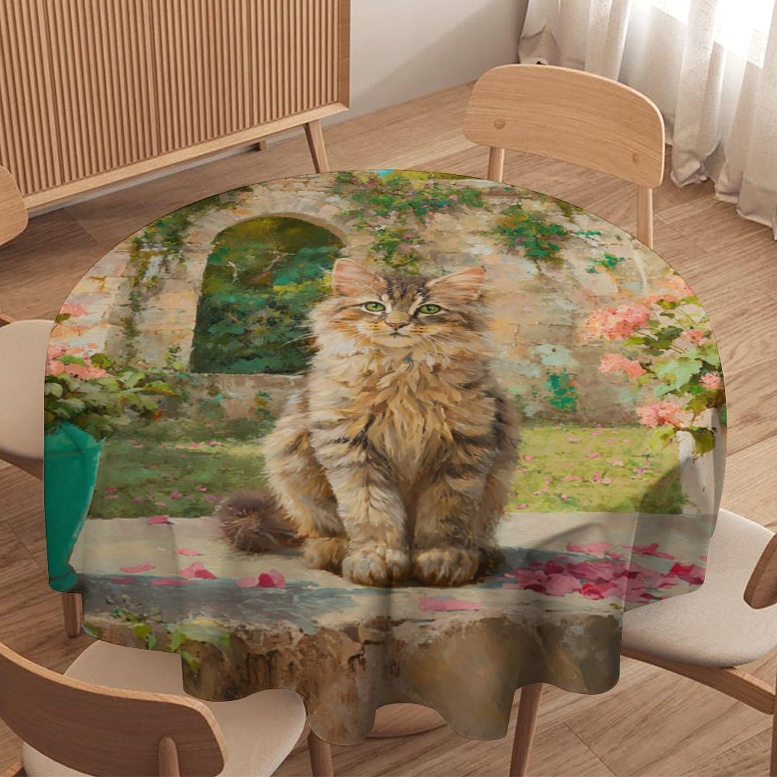 LUYYSKY Classic Modern Cute Cats Waterproof Round Tablecloth Watercolor European Spring Garden Castle Arch Flowers Animal Kittens Washable Table Cover for Kitchen-177.8" Wx177.8 L cm