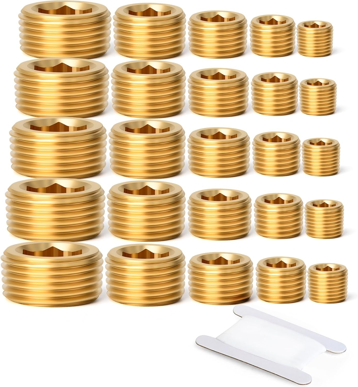 GASHER 25Pcs Brass Pipe Fitting,1/8" 1/4" 3/8" 1/2" 3/4" NPT Brass Internal Hex Thread Socket Pipe Plug Set