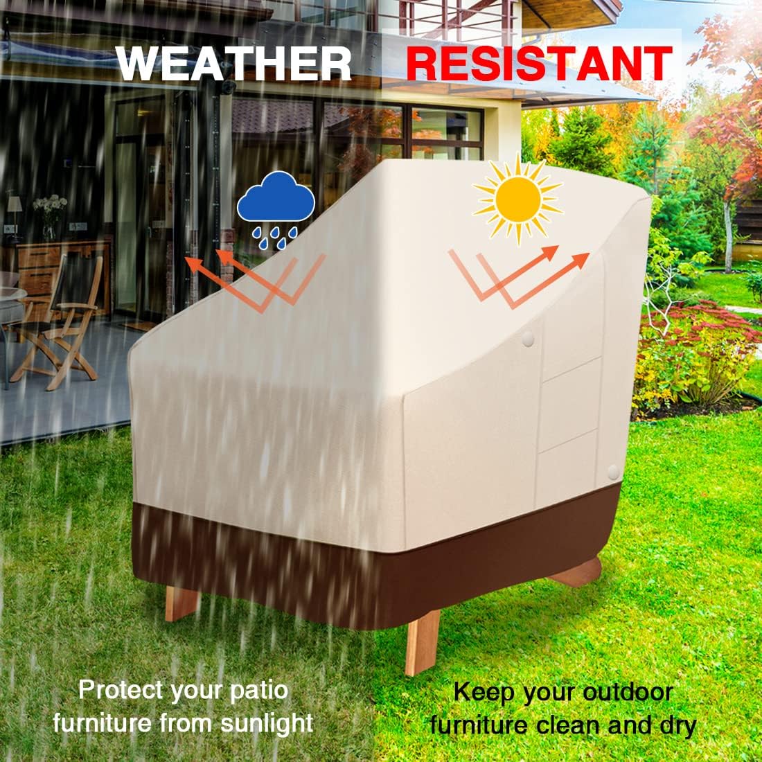 Tuyeho Patio Chair Cover 38 x 31 x 30 inch, 900D Heavy Duty Outdoor Adirondack Chair Cover, Waterproof & Weather Resistant for Your Patio Lounge Deep Seat Chair (Beige & Brown)