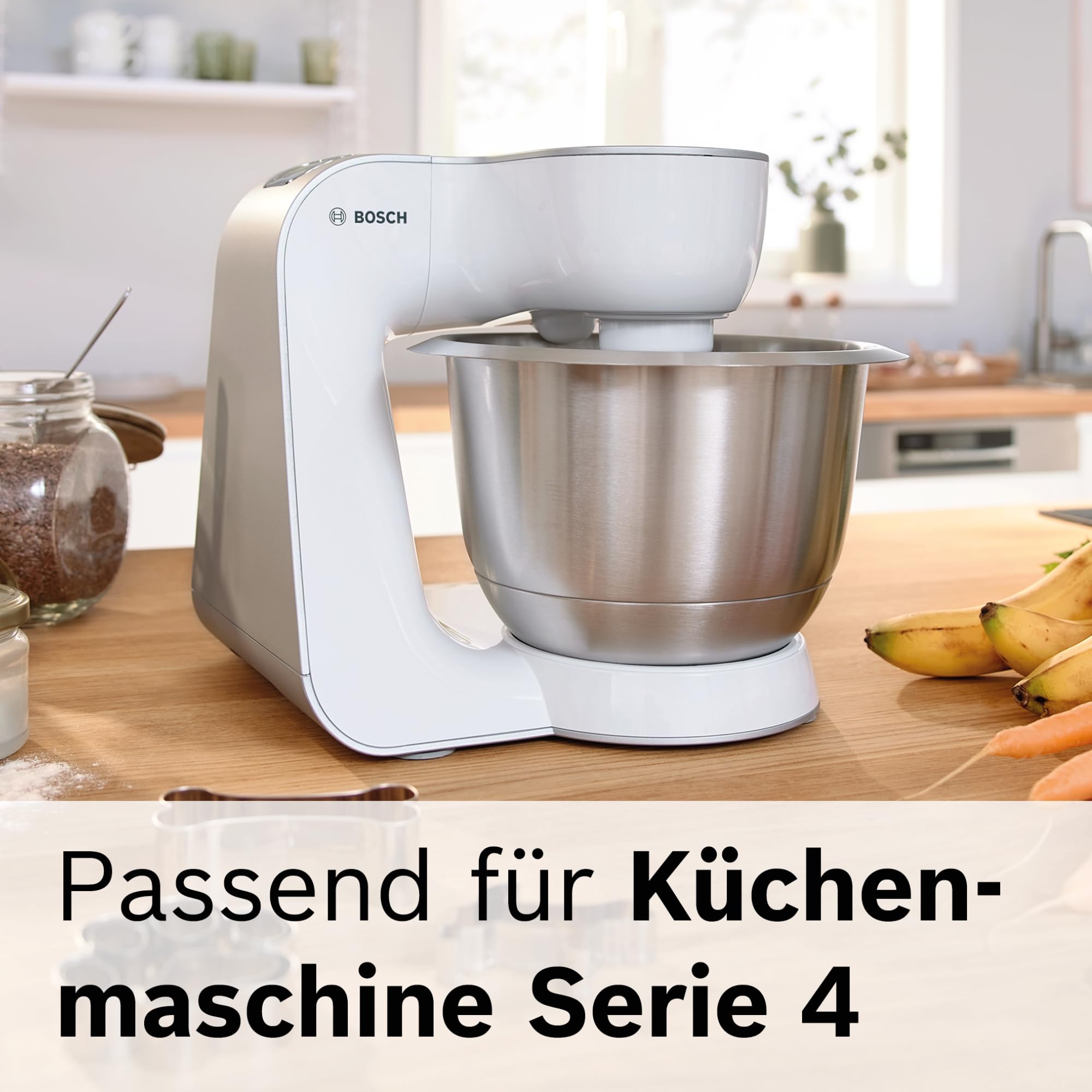 Bosch Edelstahl-Rührschüssel MUZ5ER2, Zubehör passend für Küchenmaschine Serie 4, 3,9 Liter, max. Teigmenge 2,7 kg, geschmacksneutral, spülmaschinenfest
