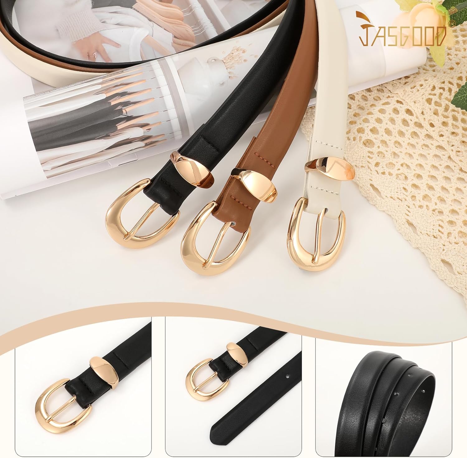 JASGOOD 3 Pack Women Leather Belts For Jeans Dresses Pants Ladies Faux Leather Waist Belt with Gold Buckle - Image 5