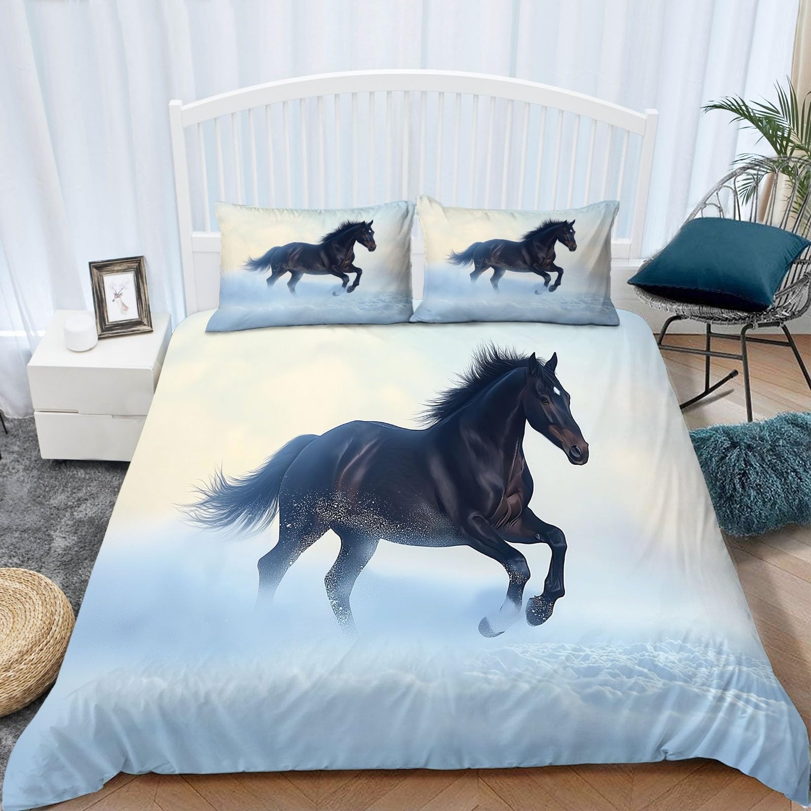 Funda Nordica Infantil para Cama 90 Caballo Oscuro En La Nieve Funda 150x200 cm y 2 Fundas de Almohada de 50x75 cm Suave Juego de Ropa de Cama 50% Poliéster y 50 Algodón