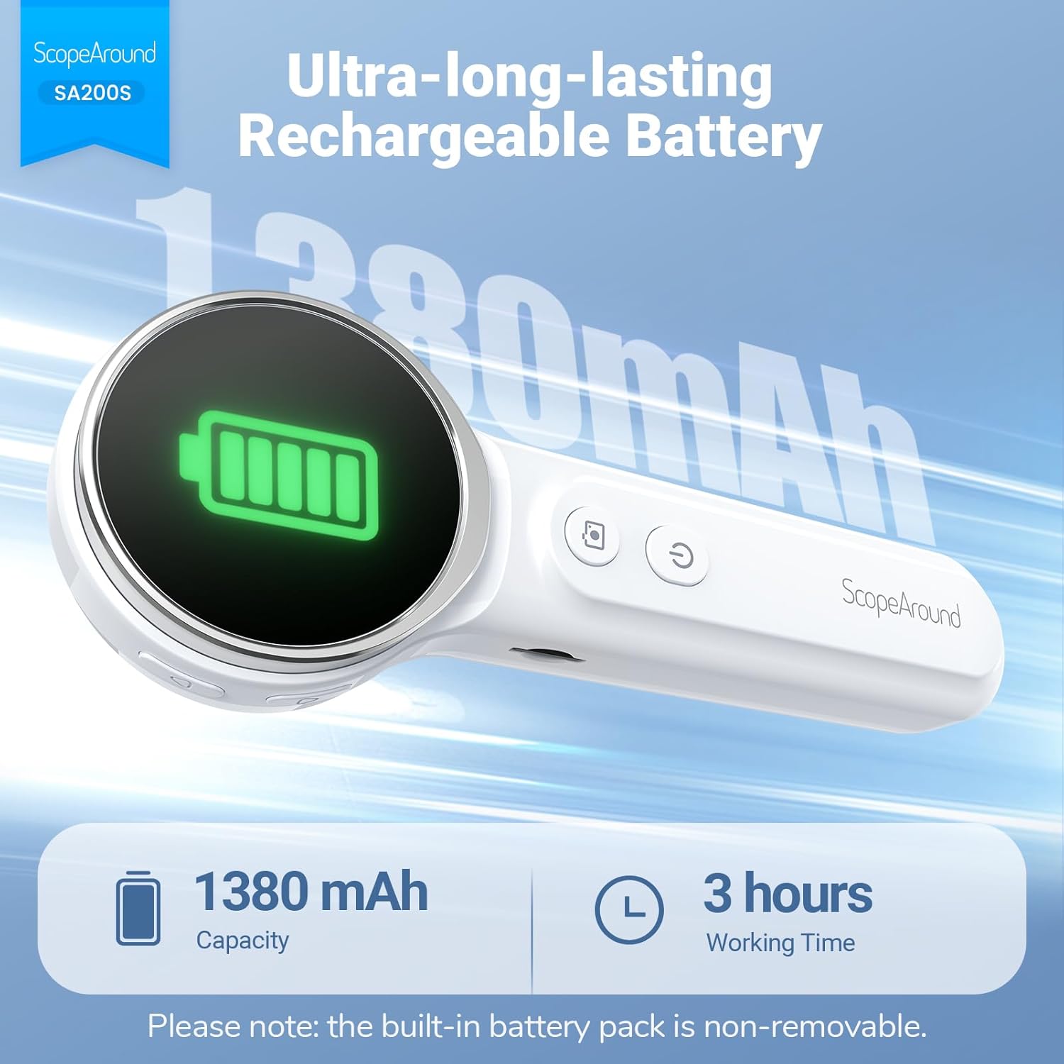 The ScopeAround SA200S Digital Otoscope showing a green battery icon on its screen, indicating a full charge, with text highlighting its 1380mAh capacity and 3 hours working time.