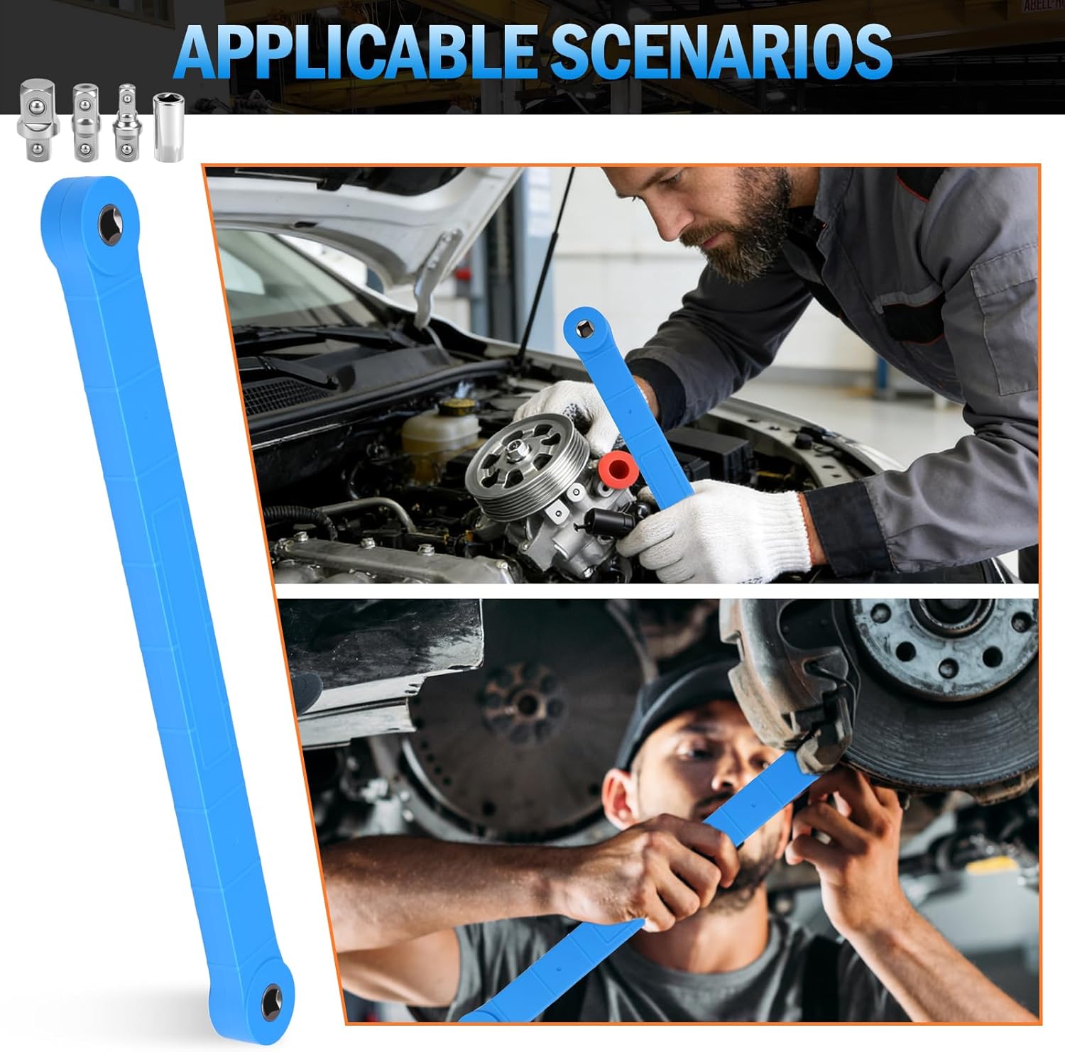 Offset Extension Wrench,15" Impact Ready Socket Wrench Extender Tool Set with 1/2", 1/4" & 3/8" Square Drive Adapters, Zero Degree Ratchet Tool, Multifunctional Tight Reach Extension Spanner (Blue)