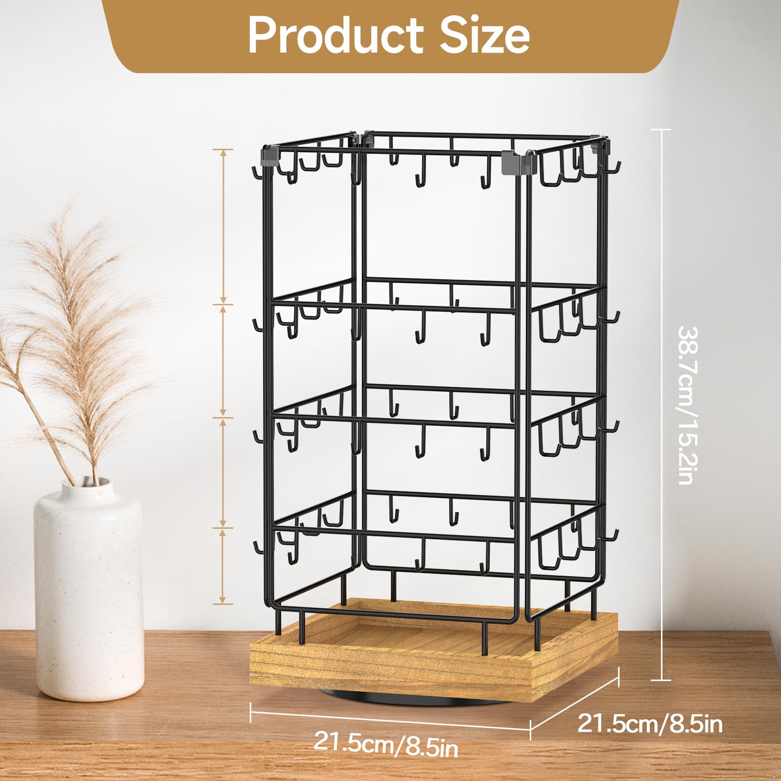 MODOWEY 360 Rotating Earring Cards Organizer Holder Stands for Selling Vendors, 64 Hooks Jewelry Display Tree, Large Capacity Storage Wood Rack Tower Women Dresser Stud Pierced(Brown)