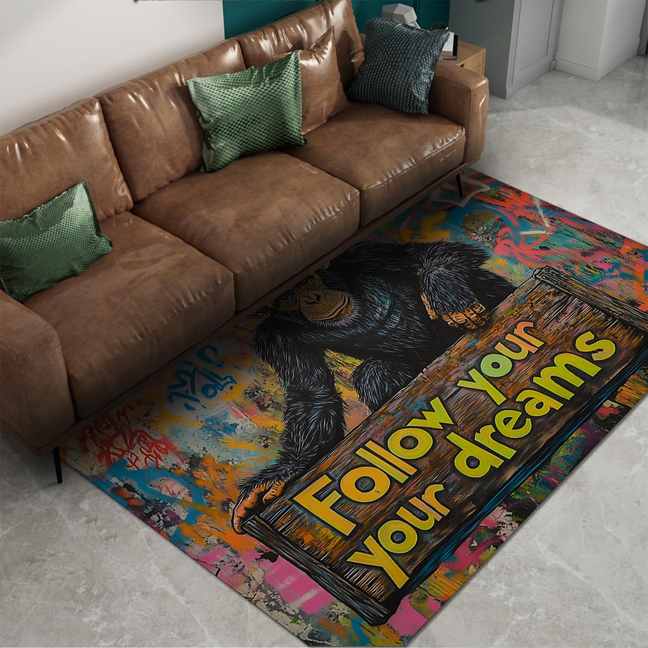 Tapis 160x200cm lavable à motif singe graffiti pour salon et chambre