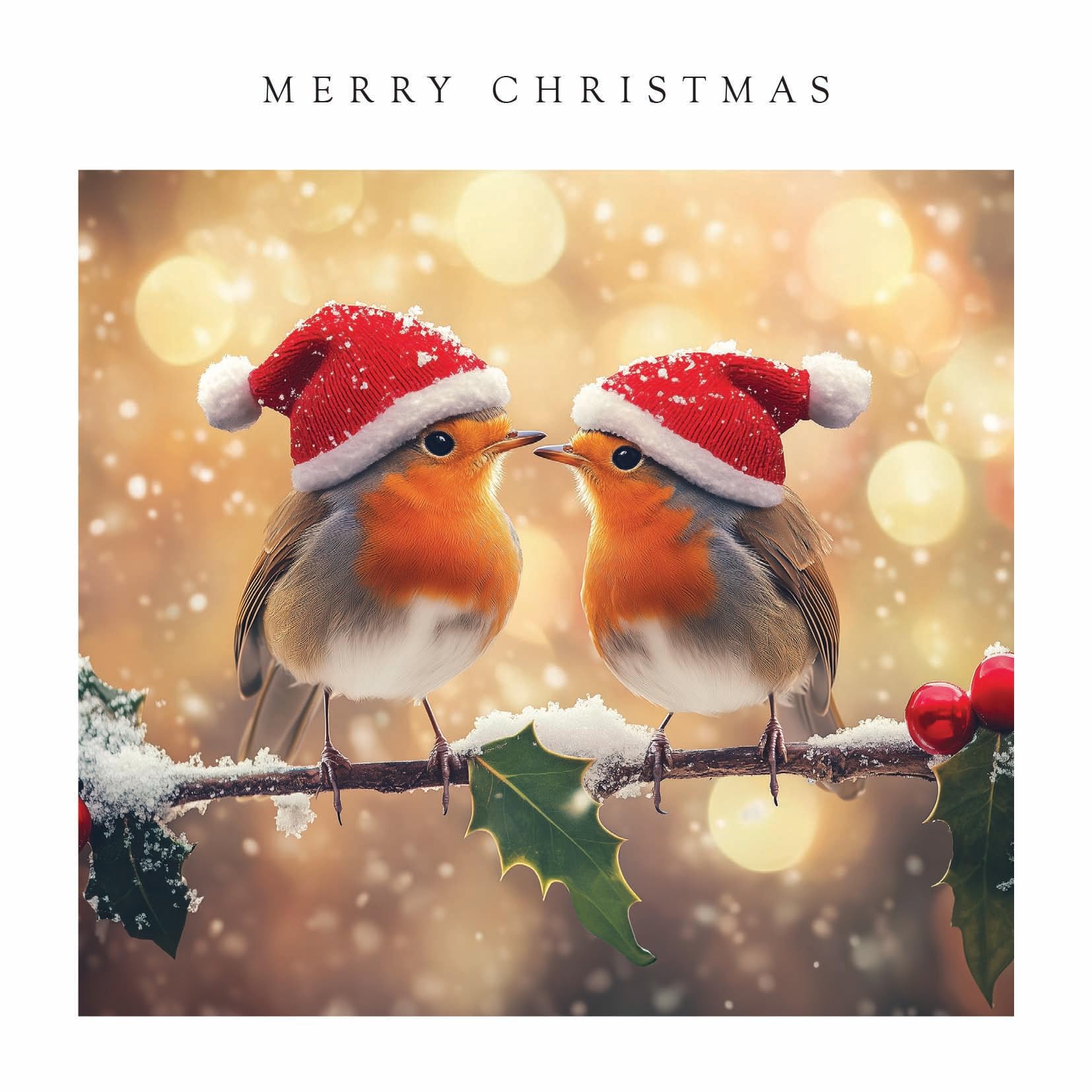 Pack of 10 Festive Charity Christmas & Happy New Year Cards with Envelopes - 14x14cm - Eco-Friendly & Recyclable (Two Robins in Santa Hats)