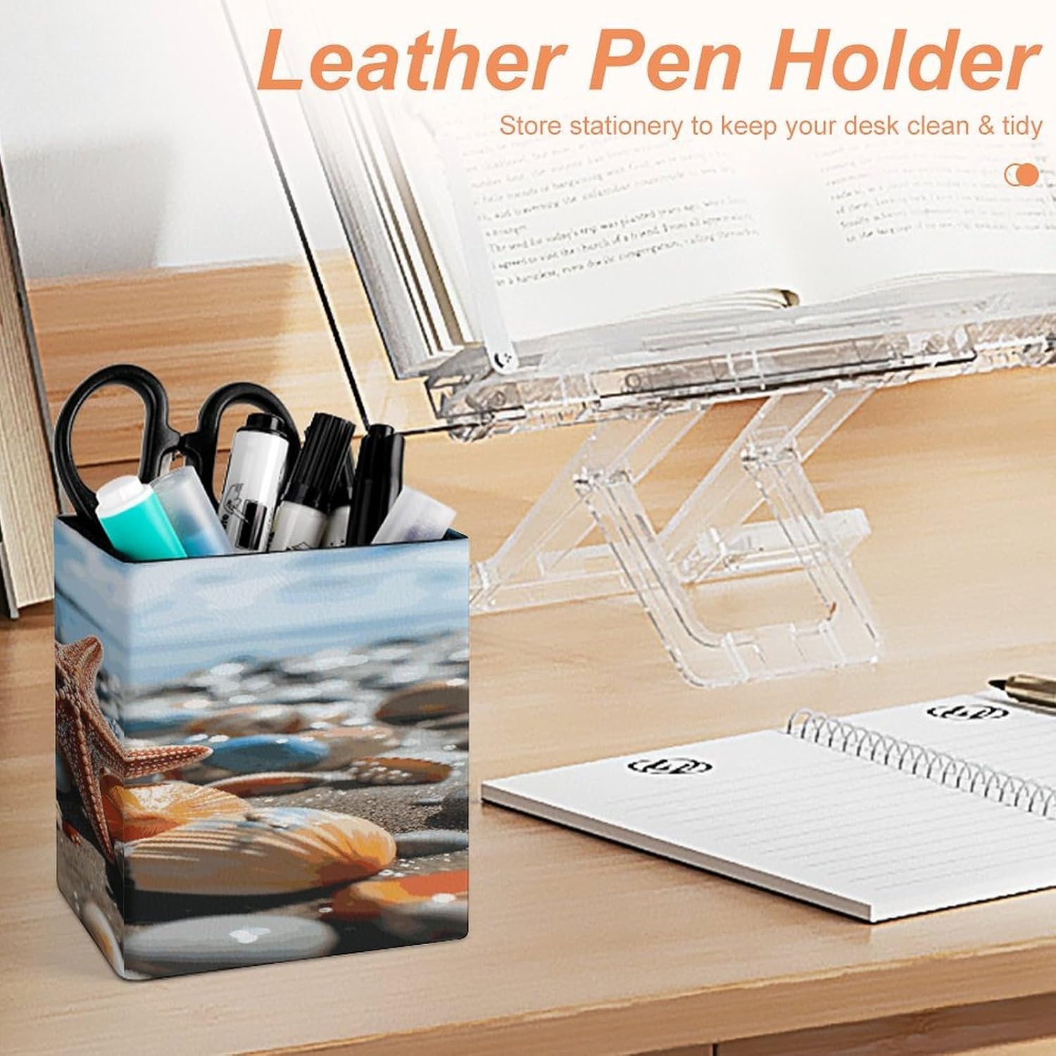 PU Leather Colorful Starfish on The Beach Pen Holder Square Desktop Pencil Cup Office Accessories Container Box Makeup Brush Holder Cute Desk Brushes Storage & Stationery Organizer image 4