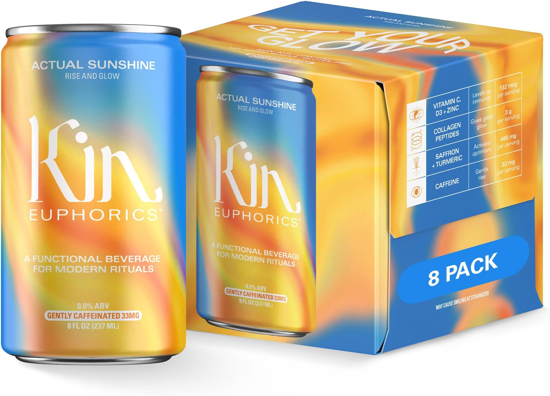 Kin Euphorics Actual Sunshine Non-Alcoholic Functional Beverage | Rise and Glow from Within | Immunity + Beauty Booster | Adaptogens, Nootropics, Collagen | 8 FL Oz, 8PK