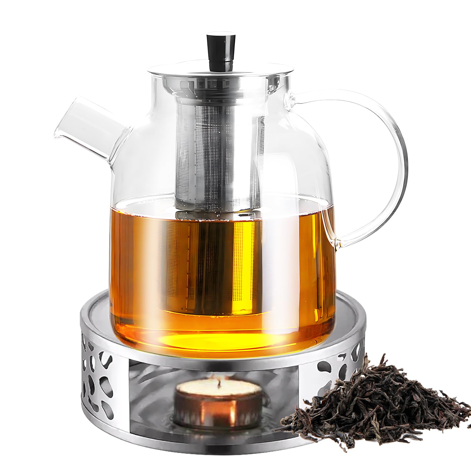 Teekanne mit Siebeinsatz, 1800ml Teekanne mit Stövchen, Glas Teebereiter, Teapot aus Borosilikatglas, Tee Kanne Set für Losen Tee, Teebeutel, Glaskanne für Alle Teesorten
