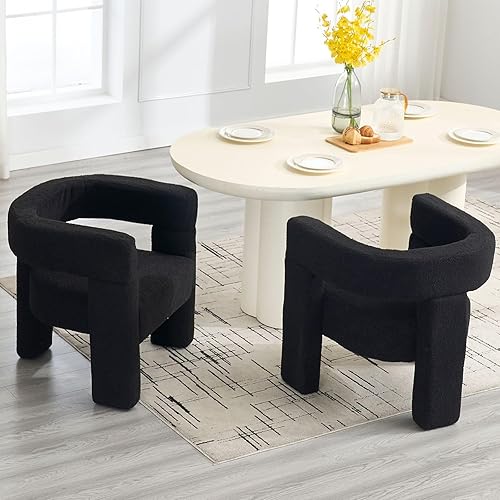 Juego de 2 sillas de comedor con barril de sherpa, sillas de cocina tapizadas con detalles de boucle con brazos, cómoda silla auxiliar de piel