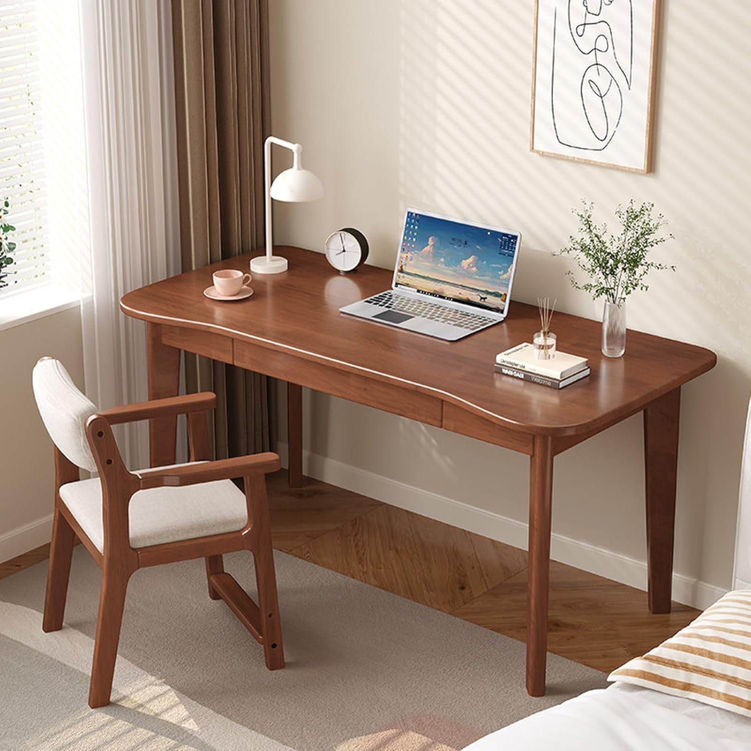 Curved Small Computer Desk, Solid Wood Home Office Desk with Drawers, Mid Century Modern Writing Desk Vanity Desk for Bedroom Living Room(31 inch, White)