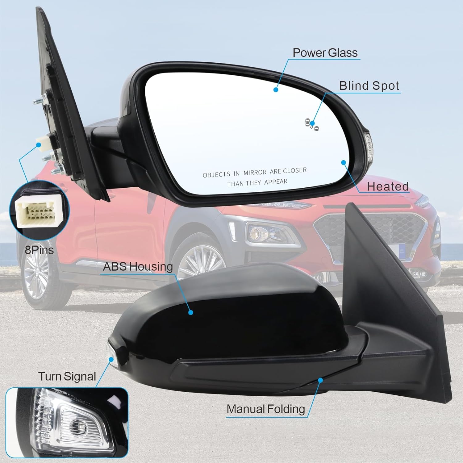 Right Passenger Side Mirror Compatible With 2018 2019 2020 2021 2022 2023 Hyundai Kona With Power Glass Manual Folding Heated Turn Signal Blind Spot Black Replace#87620J9130(8ins)