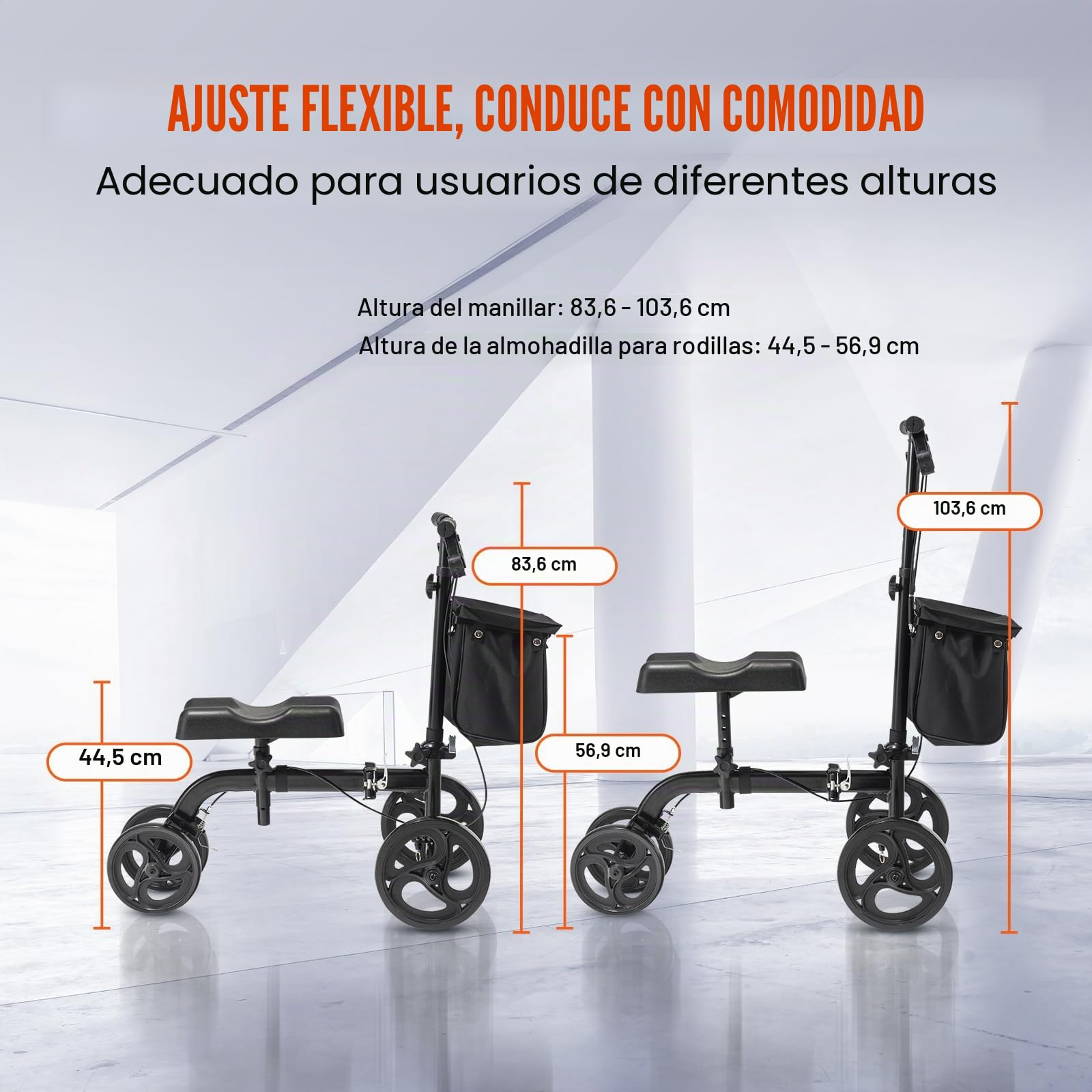 VEVOR Patinete de Rodilla Plegable, Andador de Rodilla Orientable de Acero al Carbono con Manillar Ajustable, Ruedas Todo Terreno, Recuperación de Piernas para Lesiones de Tobillo Roto, 445-570 mm