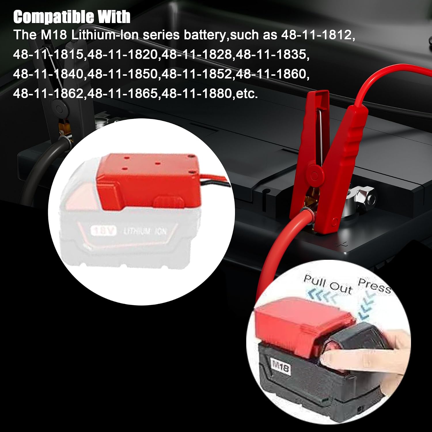 Jumper Cables with Alligator Clips Compatible with Mil.Waukee M18 18V Battery, 6ft Silicone Wire Jumper Starter Clamps, Automotive Booster Cable for Jump Starting Car Using Tool Battery